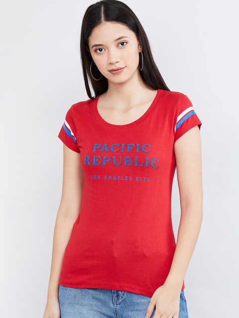 

max Women Red Printed Round Neck T-shirt