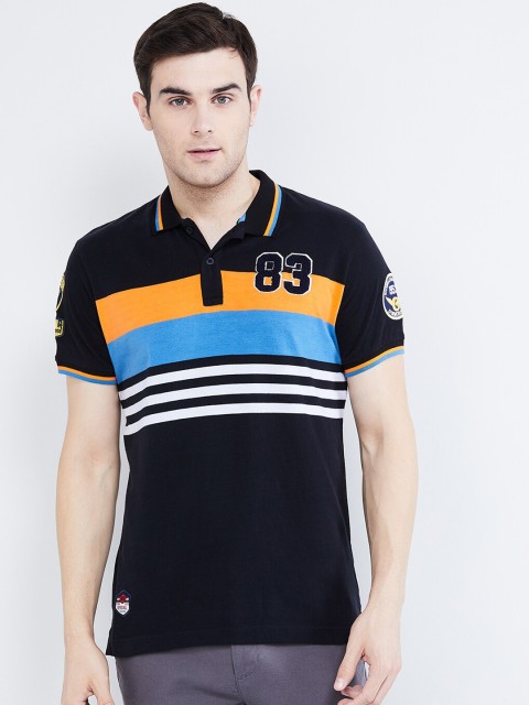 

max Men Black Striped Polo Collar T-shirt