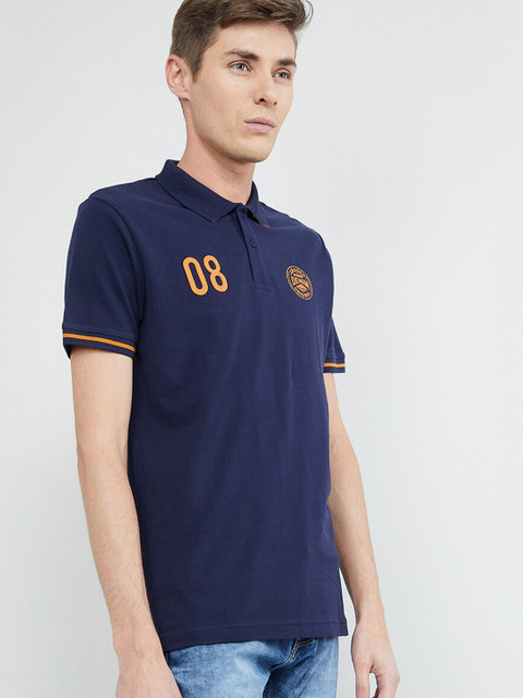 

max Men Navy Blue Solid Polo Collar T-shirt