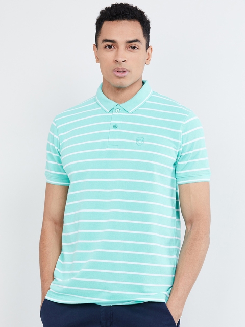 

max Men Turquoise Blue & White Slim Fit Striped Polo Collar T-shirt
