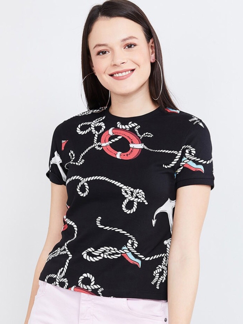 

max Women Black Printed Round Neck T-shirt