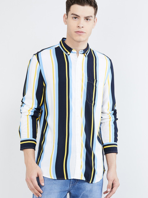 

max Men White & Navy Blue Slim Fit Striped Casual Shirt