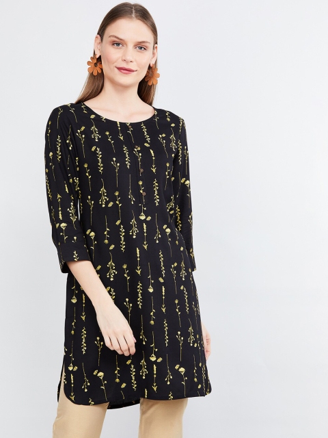 

max Women Black & Yellow Floral Print Straight Kurti