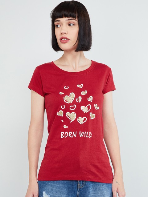 

max Women Red Printed Round Neck T-shirt