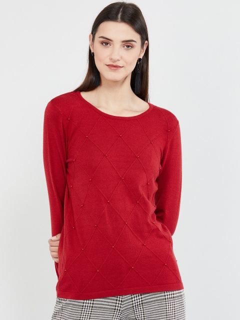 

max Women Red Self Design Pullover Sweater