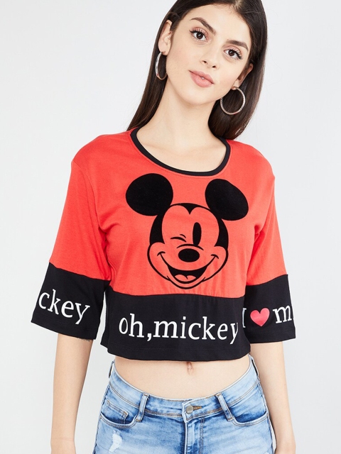 

max Women Red Mickey Mouse Printed Round Neck Crop T-shirt