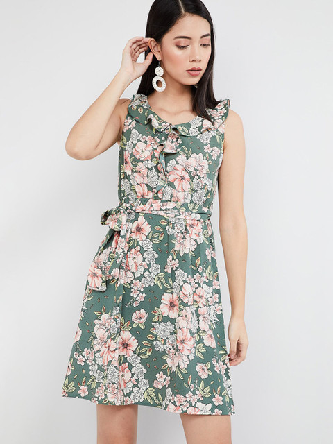 

max Women Green & Pink Printed A-Line Dress