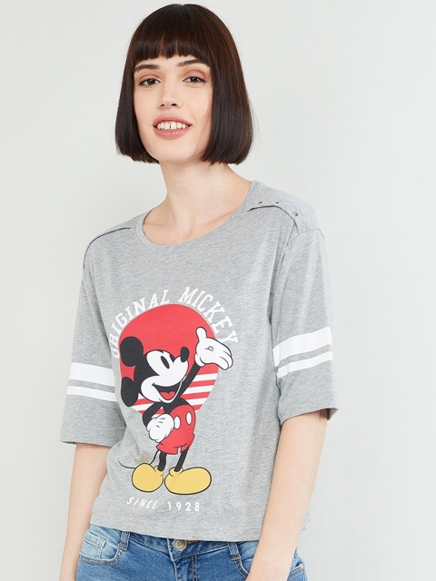 

max Women Grey Melange Printed Round Neck T-shirt