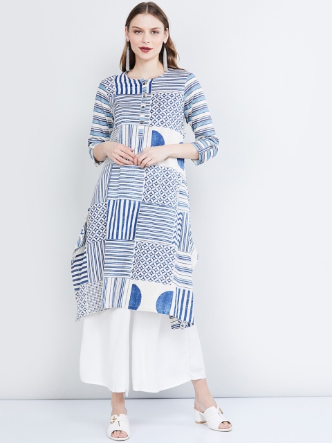 

max Women White & Blue Printed A-Line Kurta