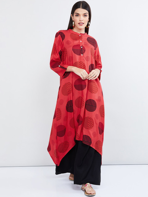 

max Women Coral Pink & Red Printed Straight Kurta