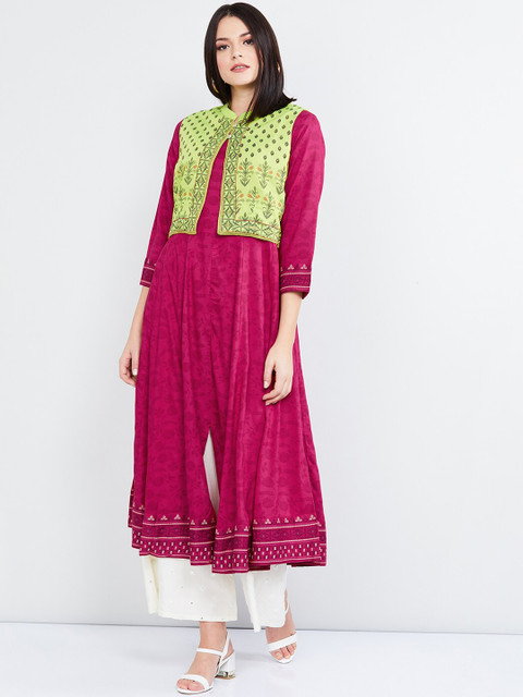 

max Women Pink & Green Printed Layered Straight Kurta