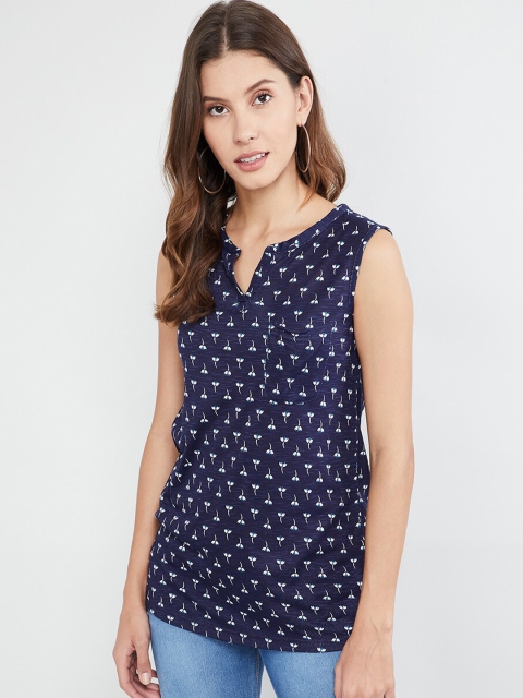 

max Women Navy Blue Floral Print Top