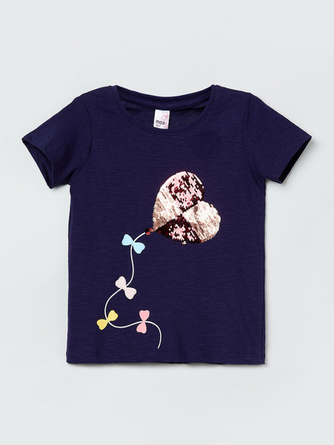 

max Girls Blue Printed Round Neck T-shirt