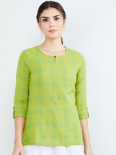 

max Women Lime Green & Blue Checked Straight Kurti