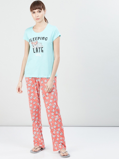 

max Women Turquoise Blue & Orange Printed Night Suit