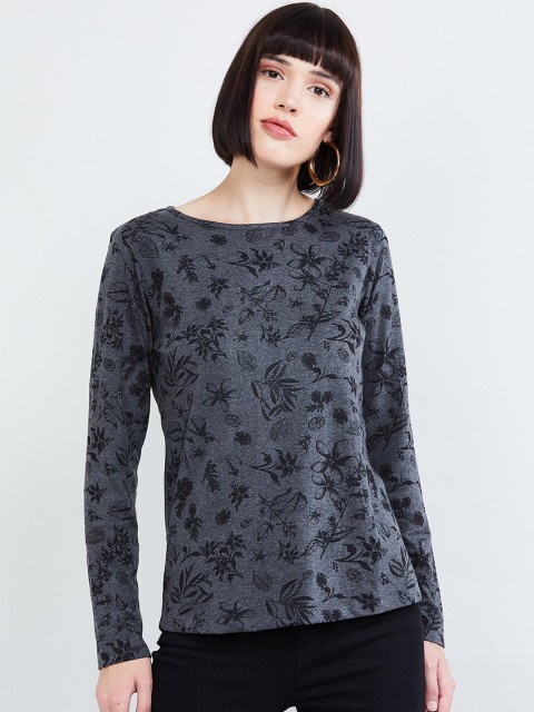 

max Women Charcoal Grey Floral Printed Round Neck T-shirt