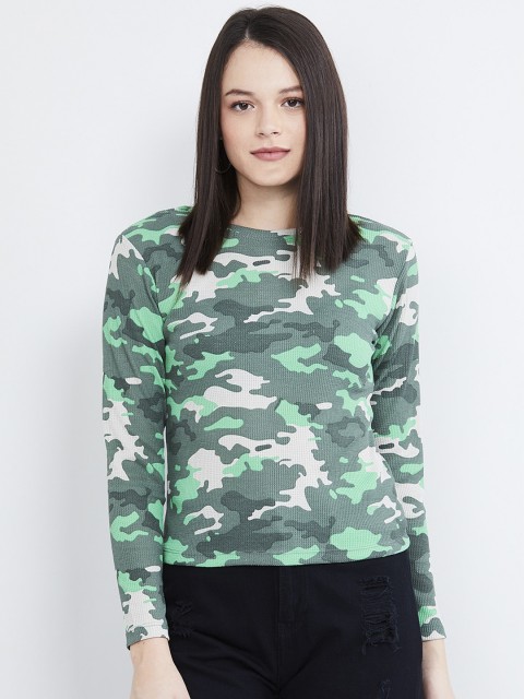 

max Women Green & Off-White Printed Round Neck T-shirt