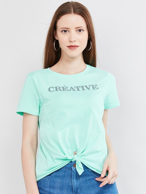 

max Women Green Printed Round Neck T-shirt