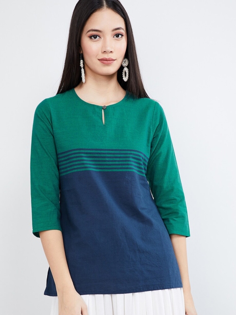

max Women Green & Blue Colourblocked A-Line Kurti