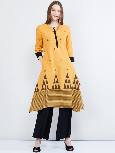 

max Women Mustard Yellow Printed A-Line Kurta