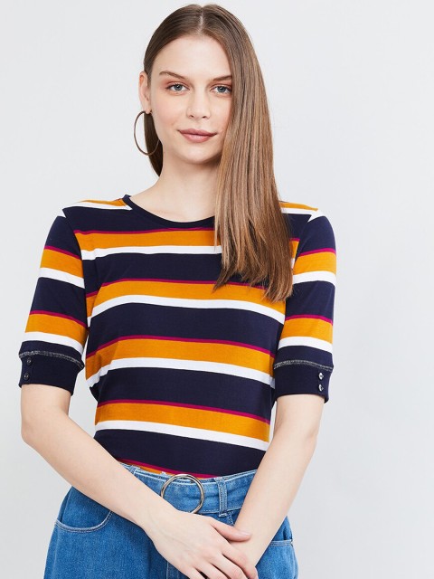 

max Women Navy Blue & Yellow Striped High Neck T-shirt