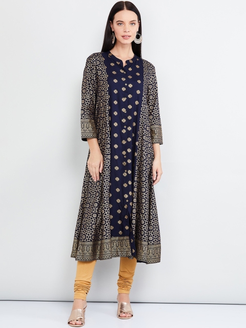 

max Women Navy Blue & Beige Printed A-Line Kurta