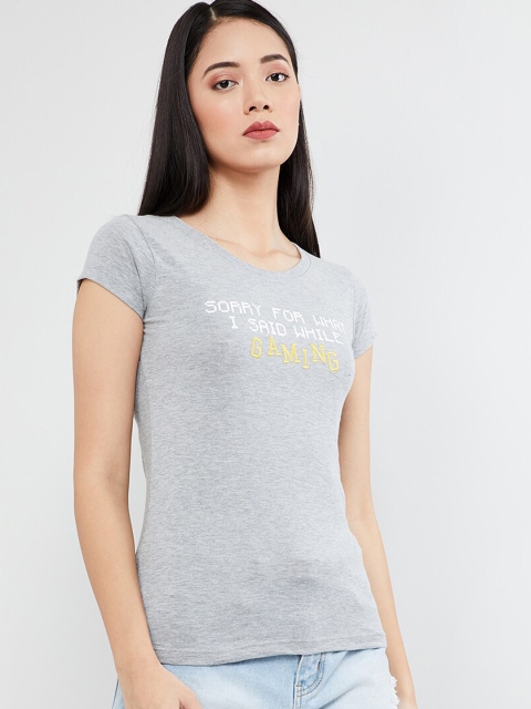 

max Women Grey Printed Round Neck T-shirt
