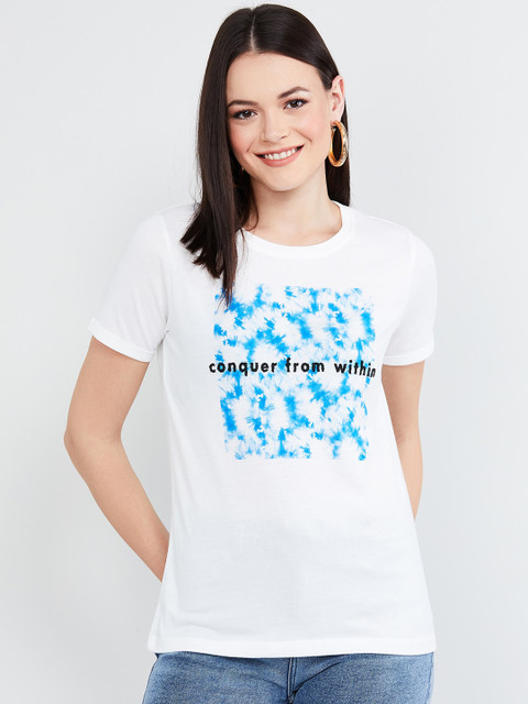 

max Women White Self Design Round Neck T-shirt