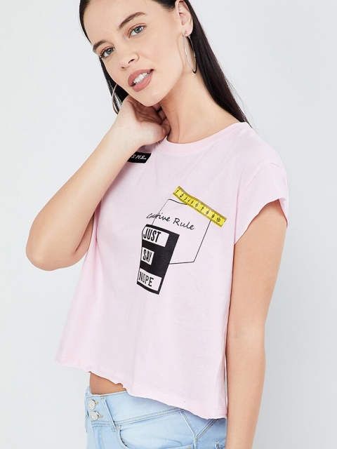 

max Women Pastel Pink & Black Printed Crop T-shirt