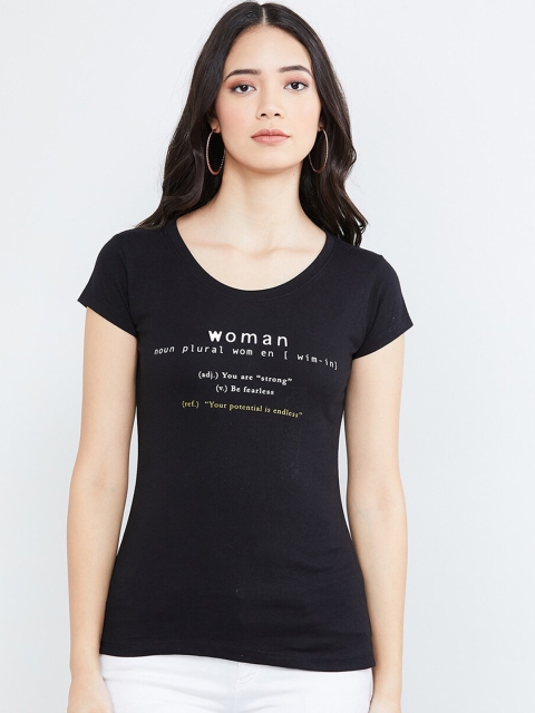 

max Women Black Printed Round Neck T-shirt