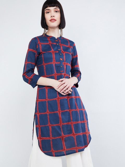 

max Women Navy Blue & Red Checked Straight Kurta