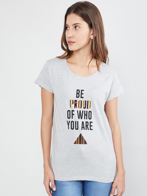 

max Women Grey Printed Round Neck T-shirt