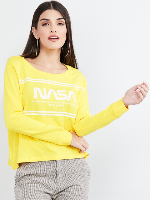

max Women Yellow Printed Round Neck T-shirt