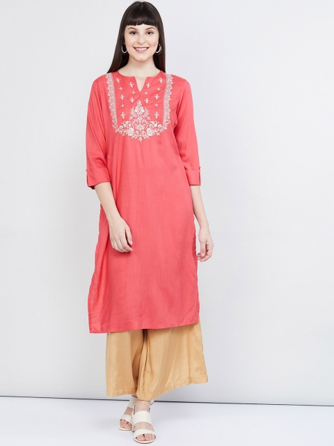 

max Women Peach-Coloured Embroidered Straight Kurta