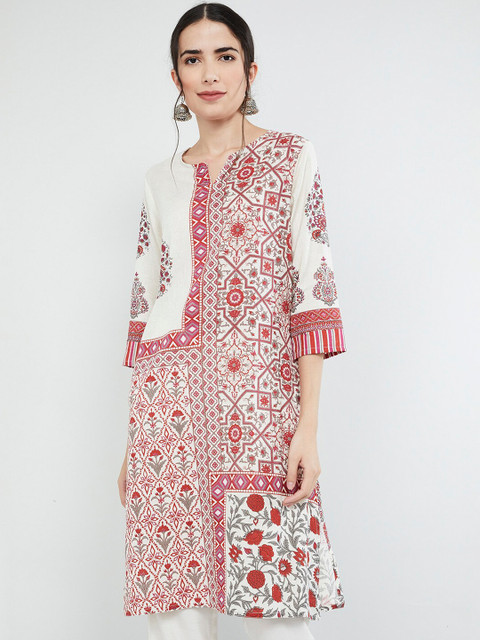

max Women Off-White & Pink Printed Straight Kurta