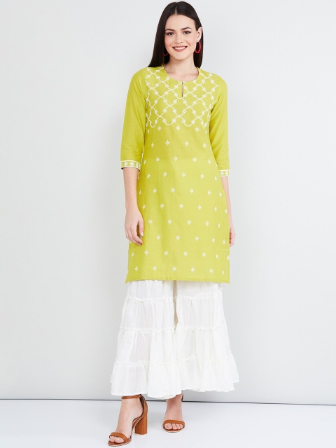 

max Women Lime Green & White Embroidered Straight Kurta