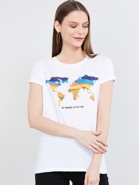 

max Women White Printed Round Neck T-shirt