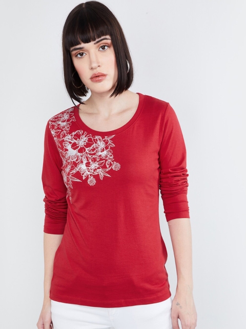 max Women Maroon Printed Round Neck T-shirt