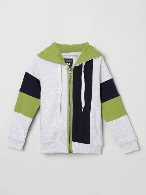 

max Boys Grey & Green Colourblocked Hooded Sweatshirt