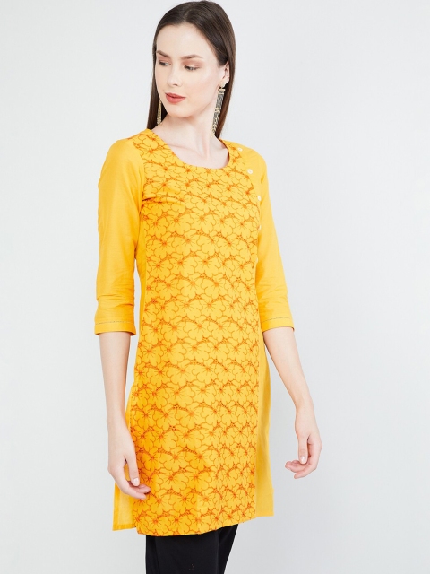 

max Women Yellow Embroidered Straight Kurti