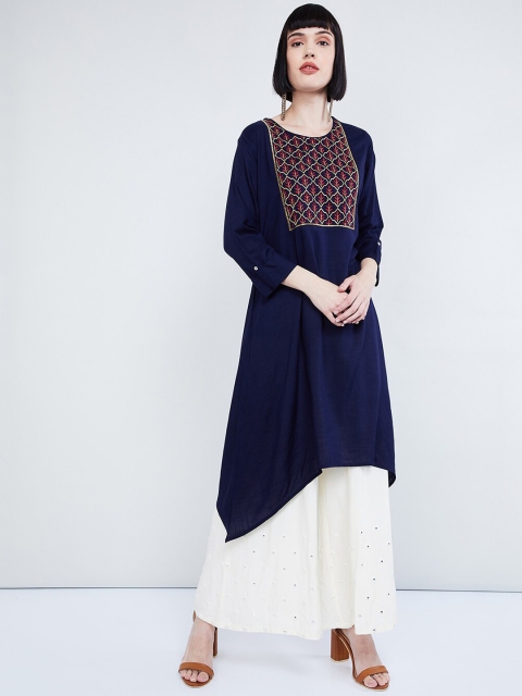

max Women Navy Blue Yoke Design Straight Kurta