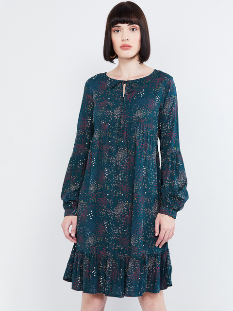 

max Women Teal Green & Red Printed A-Line Dress