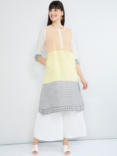 

max Women Off-White & Yellow Striped A-Line Kurta