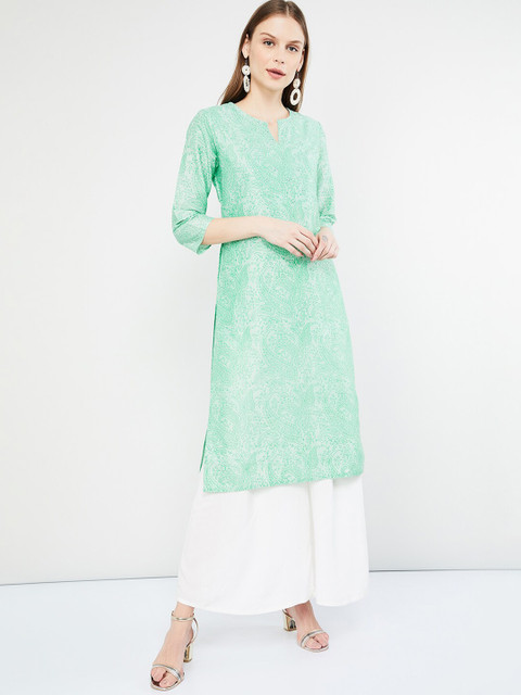 

max Women Sea Green & Gold-Coloured Printed Straight Kurta