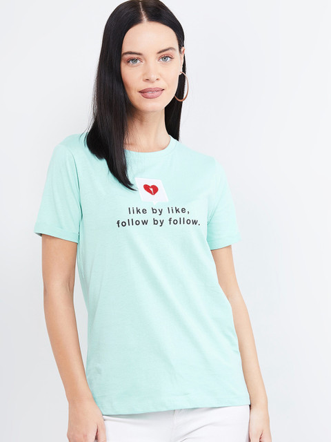 

max Women Green Printed Round Neck T-shirt