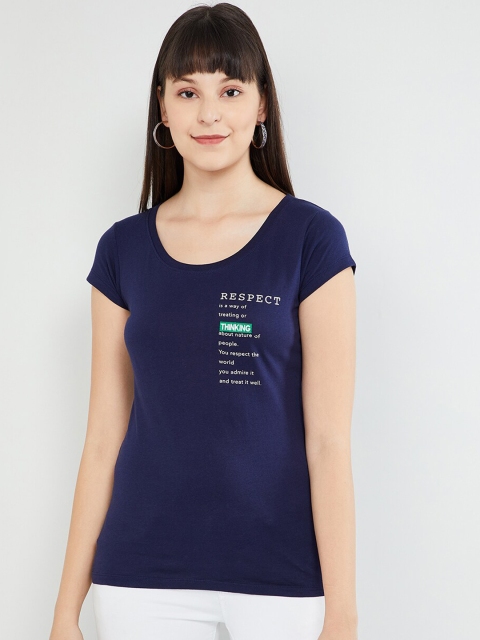 

max Women Navy Blue Printed Scoop Neck T-shirt