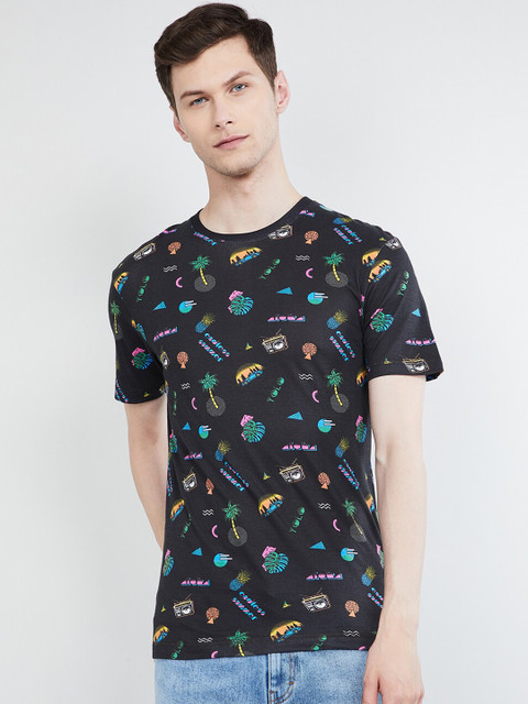

max Men Charcoal Grey Printed Round Neck T-shirt