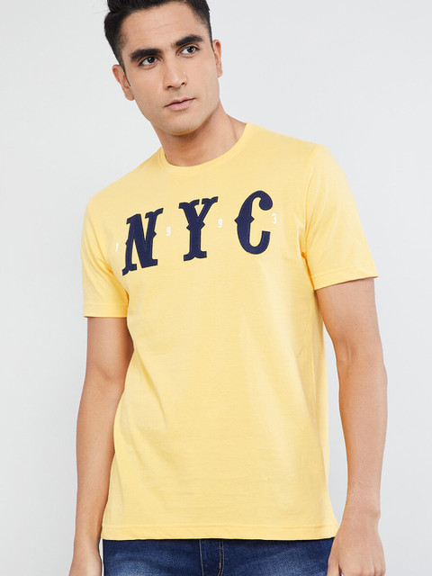

max Men Yellow & Navy Blue Printed Round Neck T-shirt