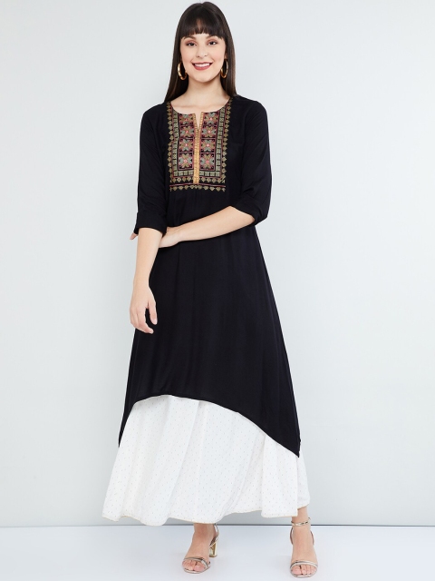 

max Women Black Embroidered A-Line Kurta