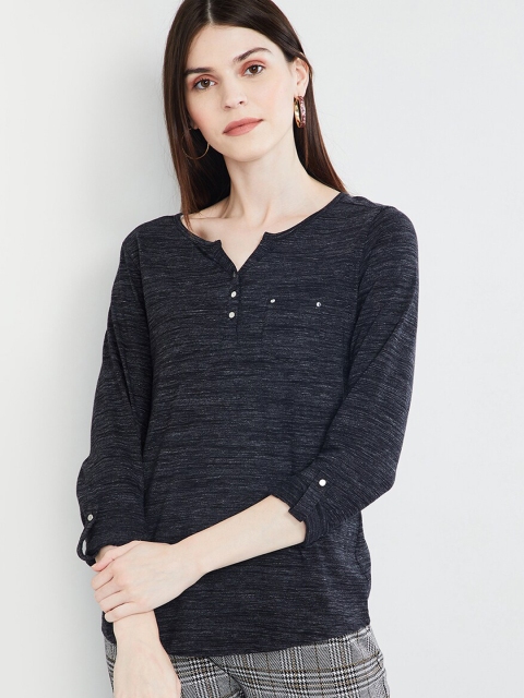 

max Women Charcoal Grey Solid Henley Neck T-shirt